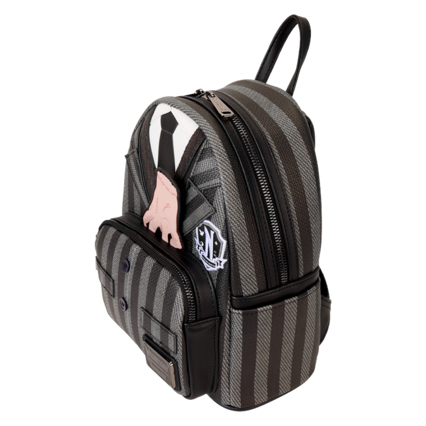 Striped backpack with a visible brand logo on a white background