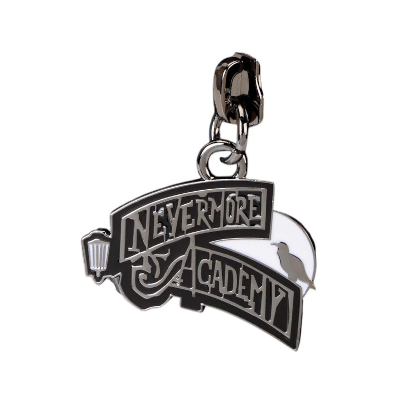 Zipper charm with 'Nevermore Academy' text on a white background