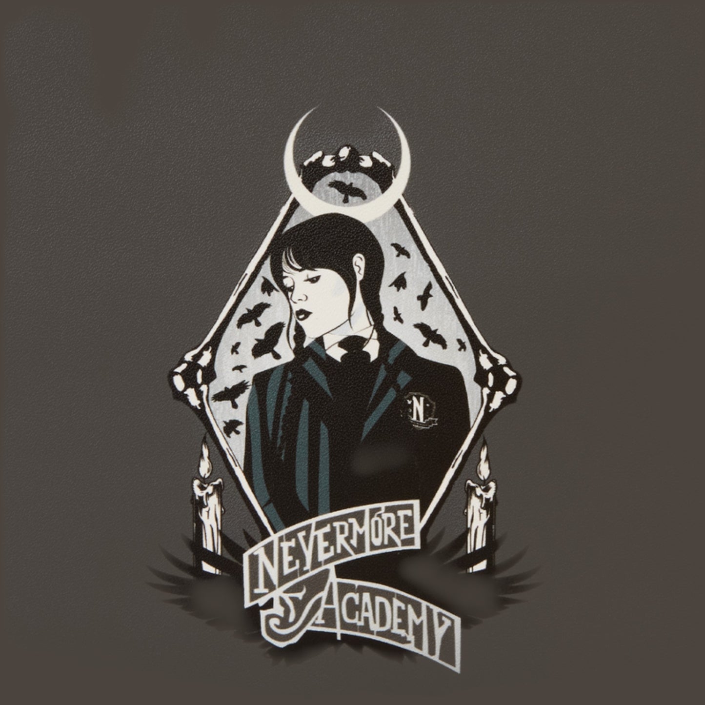 Illustration of a Wednesday with a crescent moon and bats, surrounded by the text 'Nevermore Academy' on a dark background.