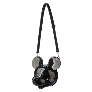 Side view Mickey Mouse Black Glitter Molded Head Crossbody Bag on a white background
