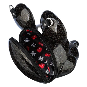 Side and inside view of Mouse Black Glitter Molded Head Crossbody Bag on a white background