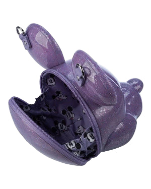 Rear and inside view Mickey Mouse Purple Glitter Molded Head Crossbody Bag on a white background