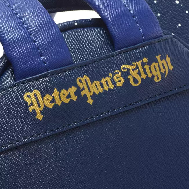Navy blue bag with 'Peter Pan's Flight' embroidery in gold on a white background