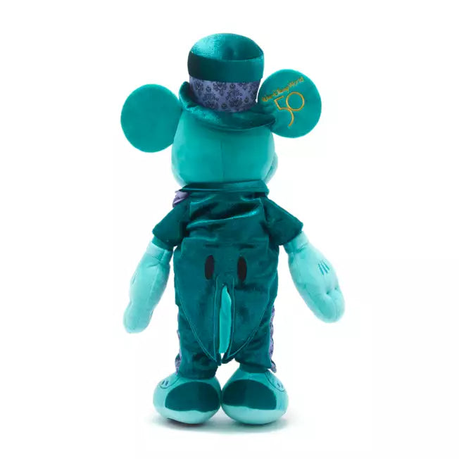 Inspired by the Haunted Mansion, Mickey Mouse is in a teal outfit with a hat on a white background
