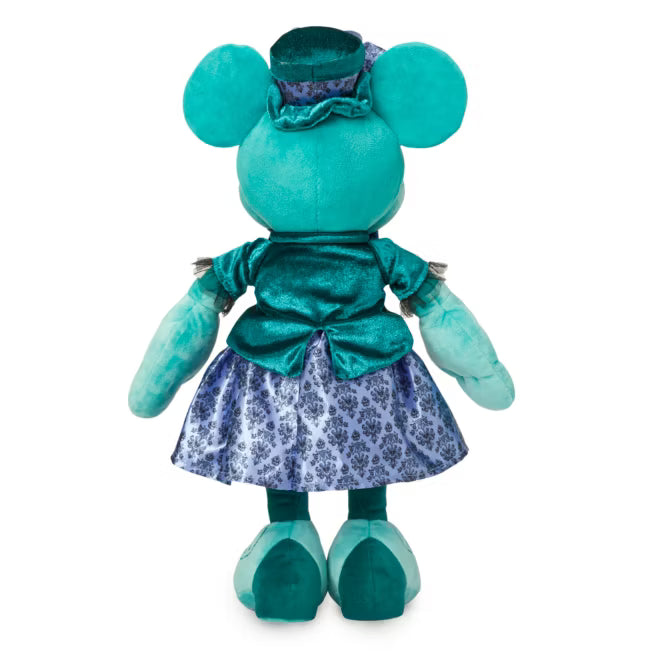Haunted Mansion inspired Minnie Mouse with teal outfit and HM wallpaper skirt on a white background