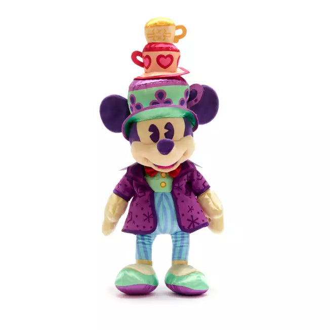Mickey Mouse inspired by Disney's Alice in Wonderland with a top hat and purple coat on a white background
