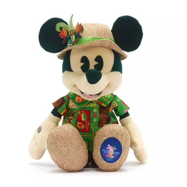 Tiki Room inspired Mickey Mouse in tropical attire with a hat and floral decorations on a white background.