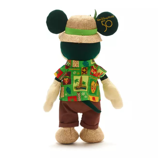 Tiki Room inspired Mickey Mouse in tropical attire with a straw hat on a white background