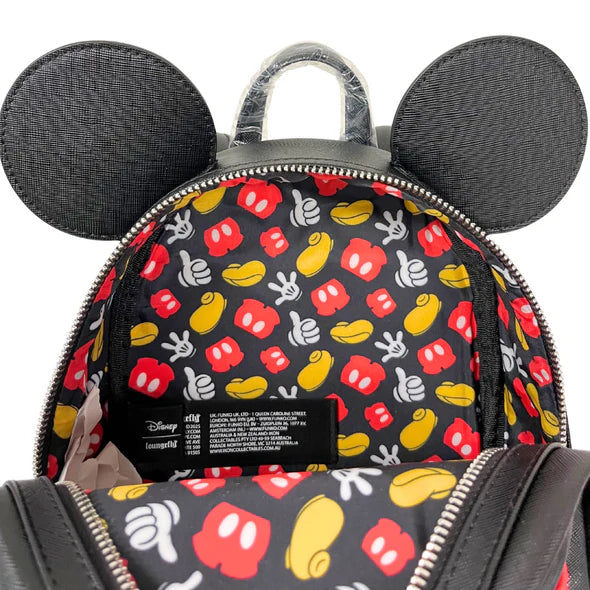 Mini backpack with Mickey Mouse ears and patterned design on a white background