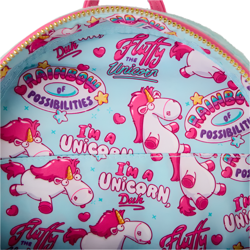 Backpack with unicorn design and text on a light blue background