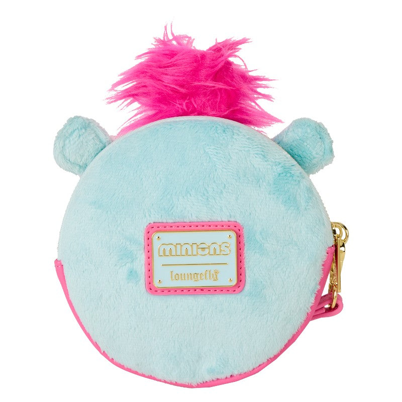 Plush wristlet wallet with pink hair and a visible Loungefly brand logo on a white background
