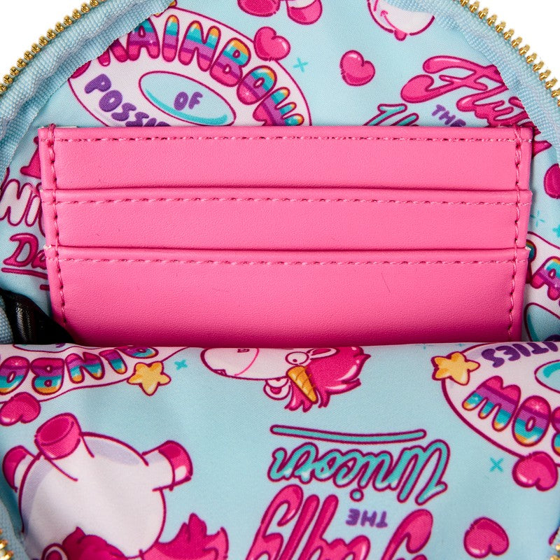 Close-up of a pink wallet with colorful cartoon design background