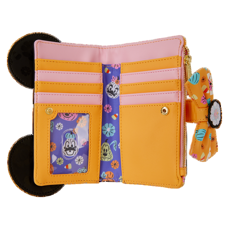 Pink and orange Minnie Mouse wallet with Disney-themed character design on a white background