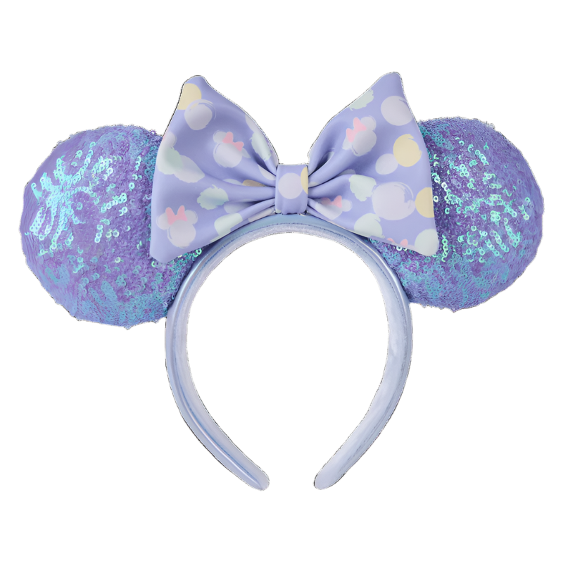 Lavender mouse ears with a bow and sequin details on a white background
