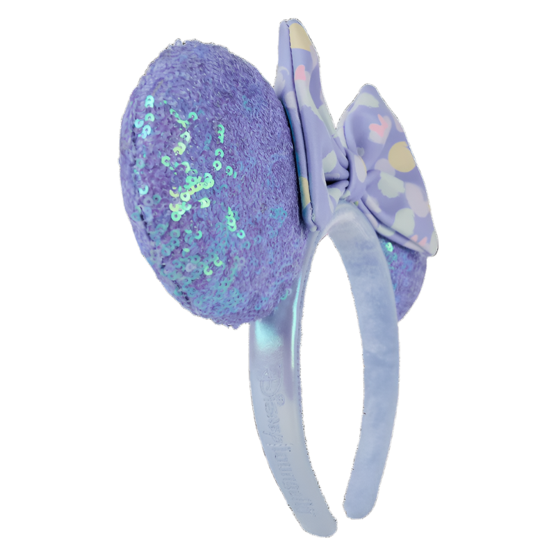 Purple headband with sequin ears and bow on a white background