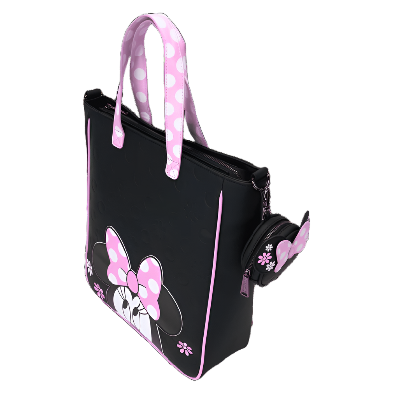 Black handbag with pink accents and a character design on a white background