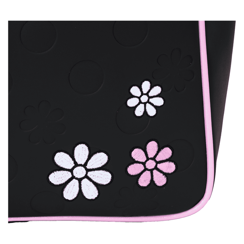 Black mat with white and pink floral designs on a white background