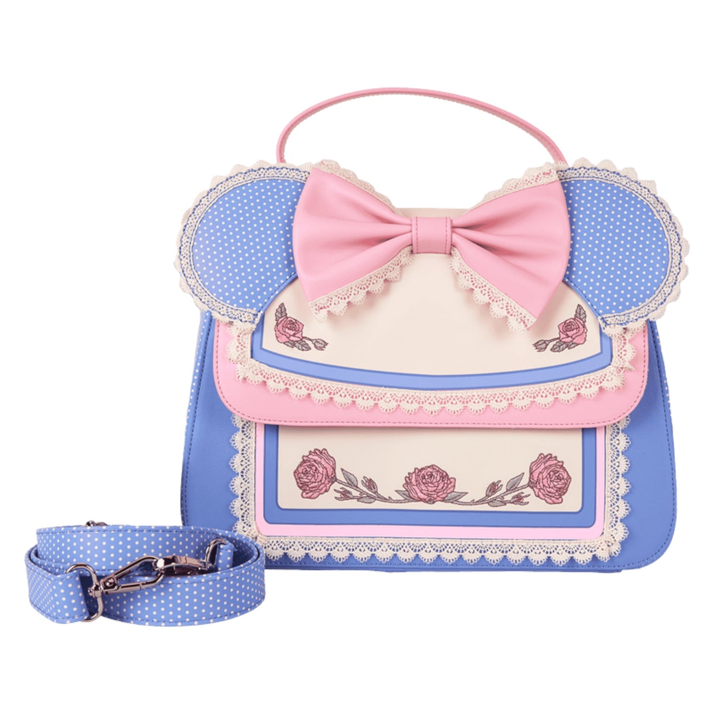 Front Minnie Mouse crossbody bag with a bow and floral design on a white background