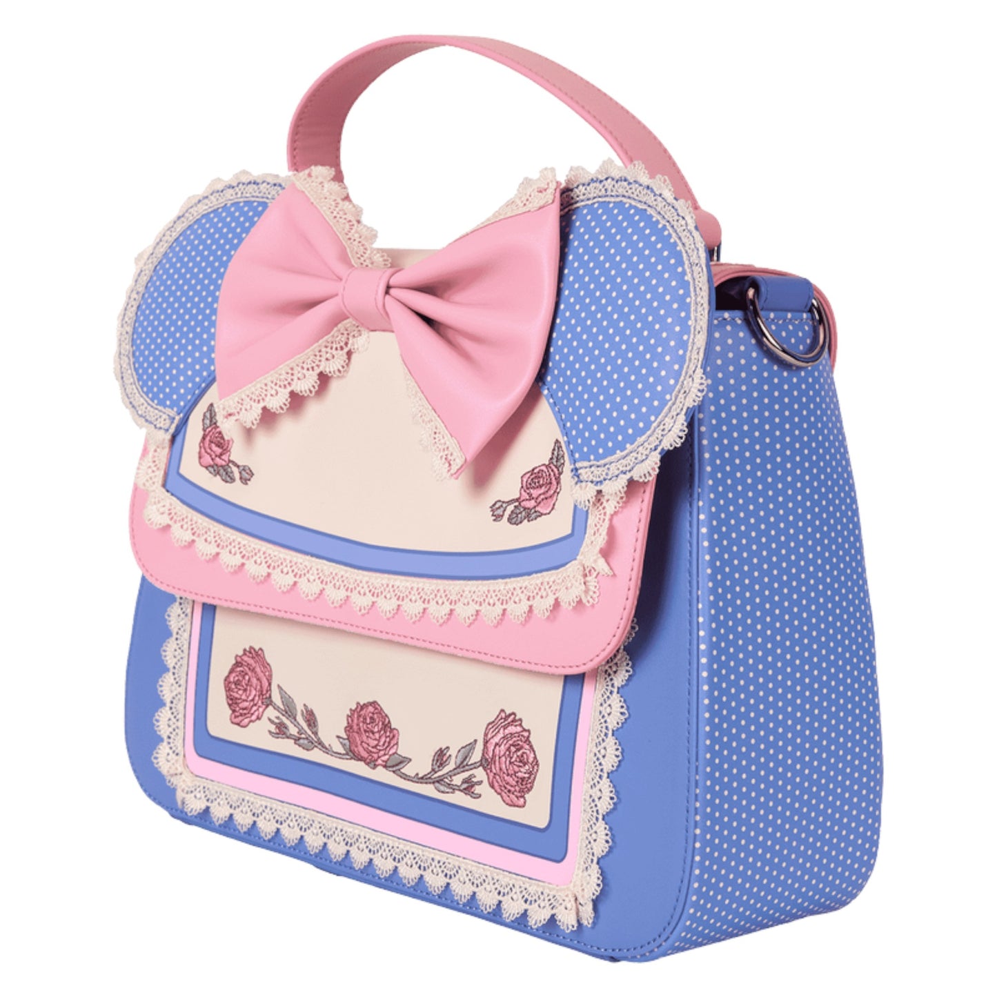 Side Minnie Mouse crossbody bag with a bow on a white background