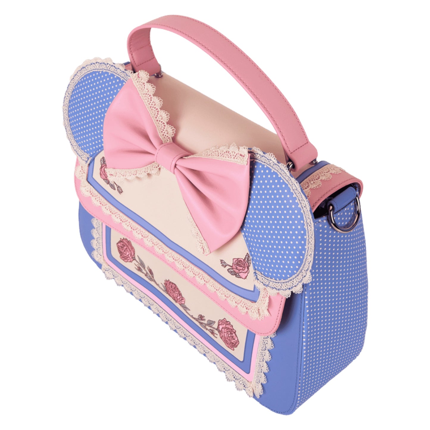 Front and side Minnie Mouse crossbody bag with pink bow and floral details on a white background