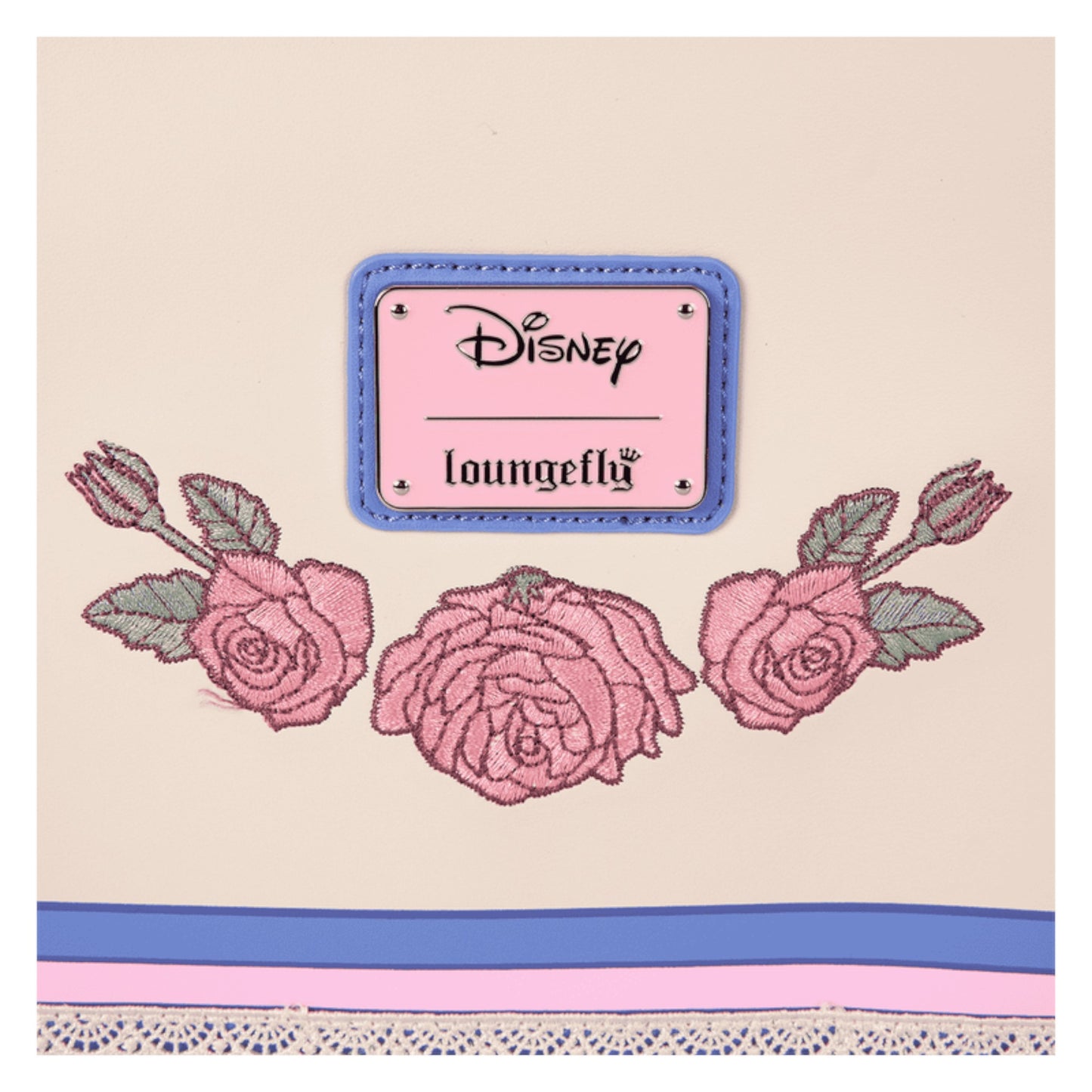 Back Front Minnie Mouse crossbody bag with pink roses and a Disney Loungefly label on a beige background