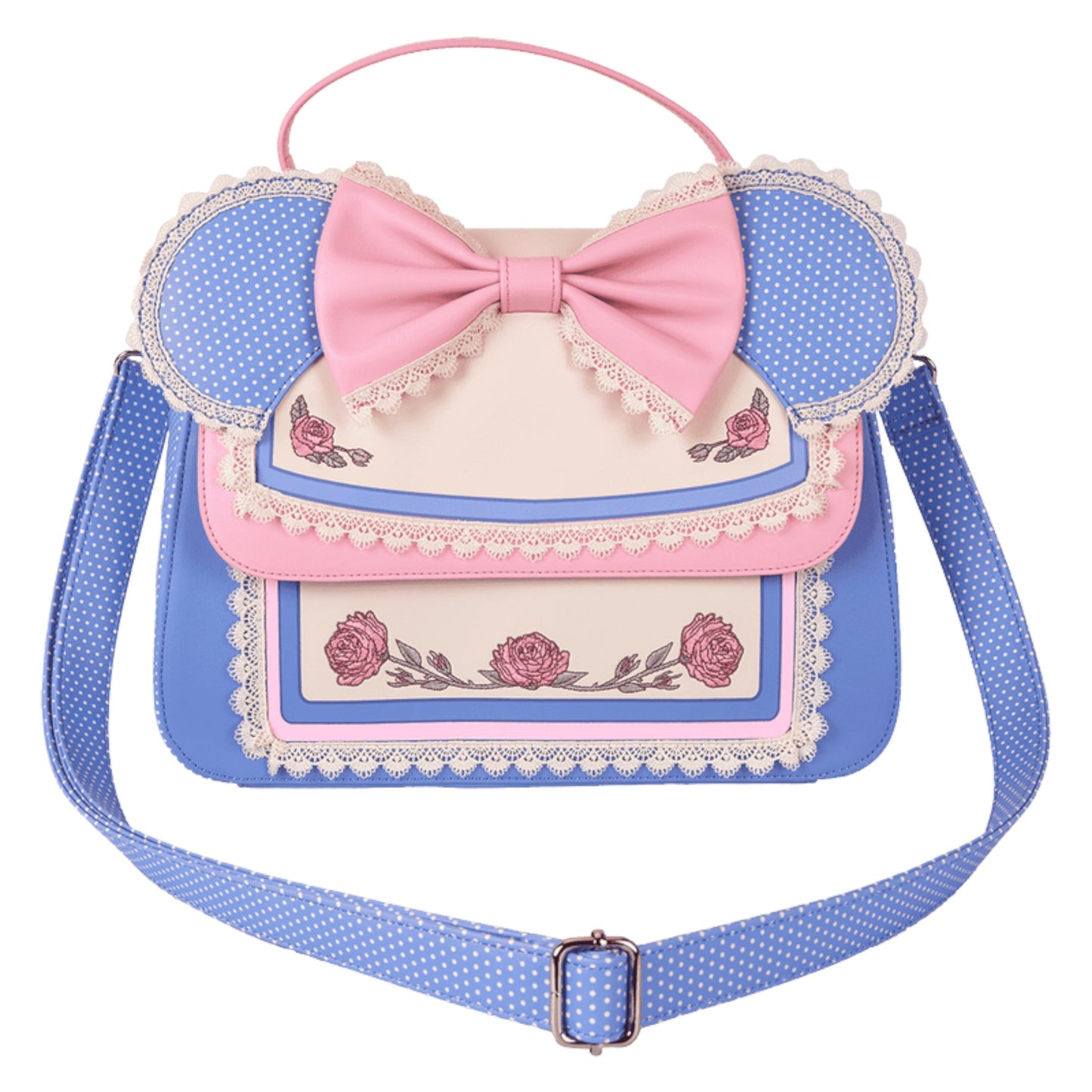 Front Minnie Mouse crossbody bag with a bow and floral design on a white background