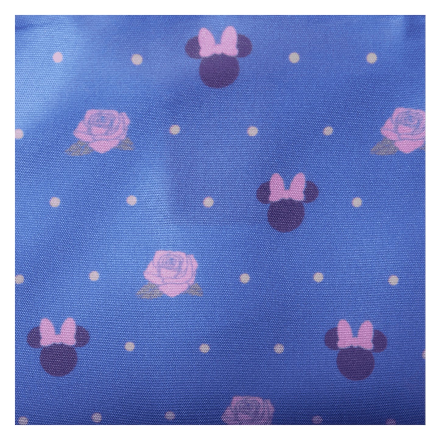 Inside Front Minnie Mouse crossbody bag with Blue fabric with pink mouse ears and roses pattern