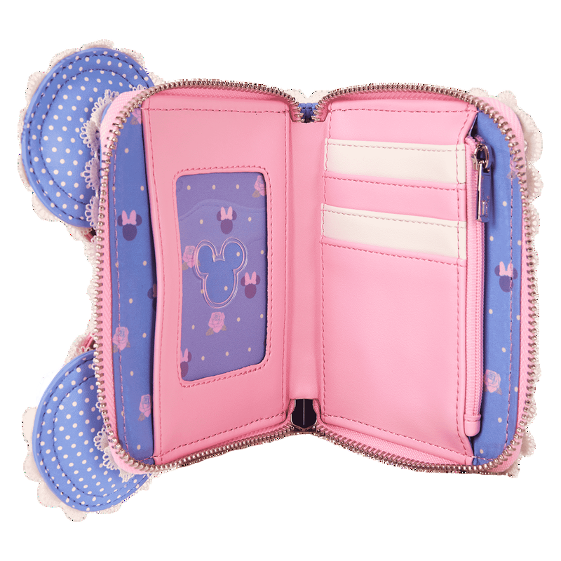 Pink and blue wallet with Minnie Mouse design on a white background