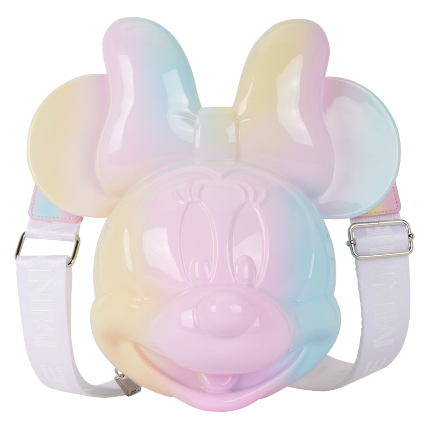 Pastel-colored minnie backpack head with ears on a white background