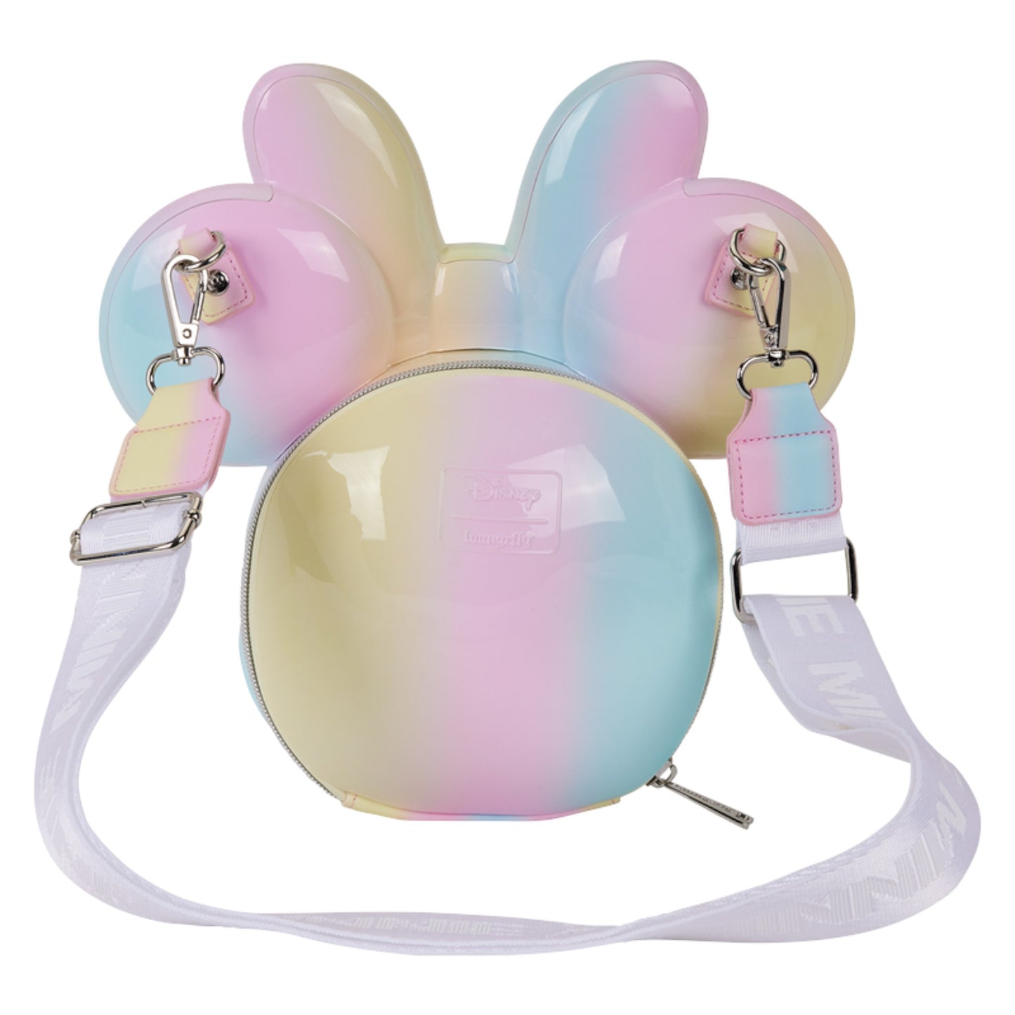 Pastel-colored minnie head bag with a strap on a white background