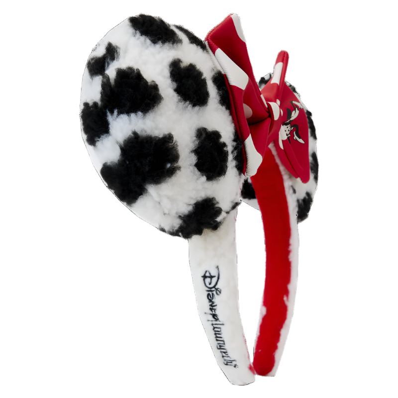 Sherpa headband with black and white polka dot design, Minnie Mouse Ears, red bow, and Disney Loungefly logo on a white background