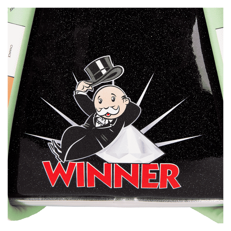 Back close-up view of the Side view of the Monopoly 90th Anniversary Pennybags Glitter Cosplay mini backpack with Monopoly character in a top hat and tuxedo on top of the text 'Winner'..