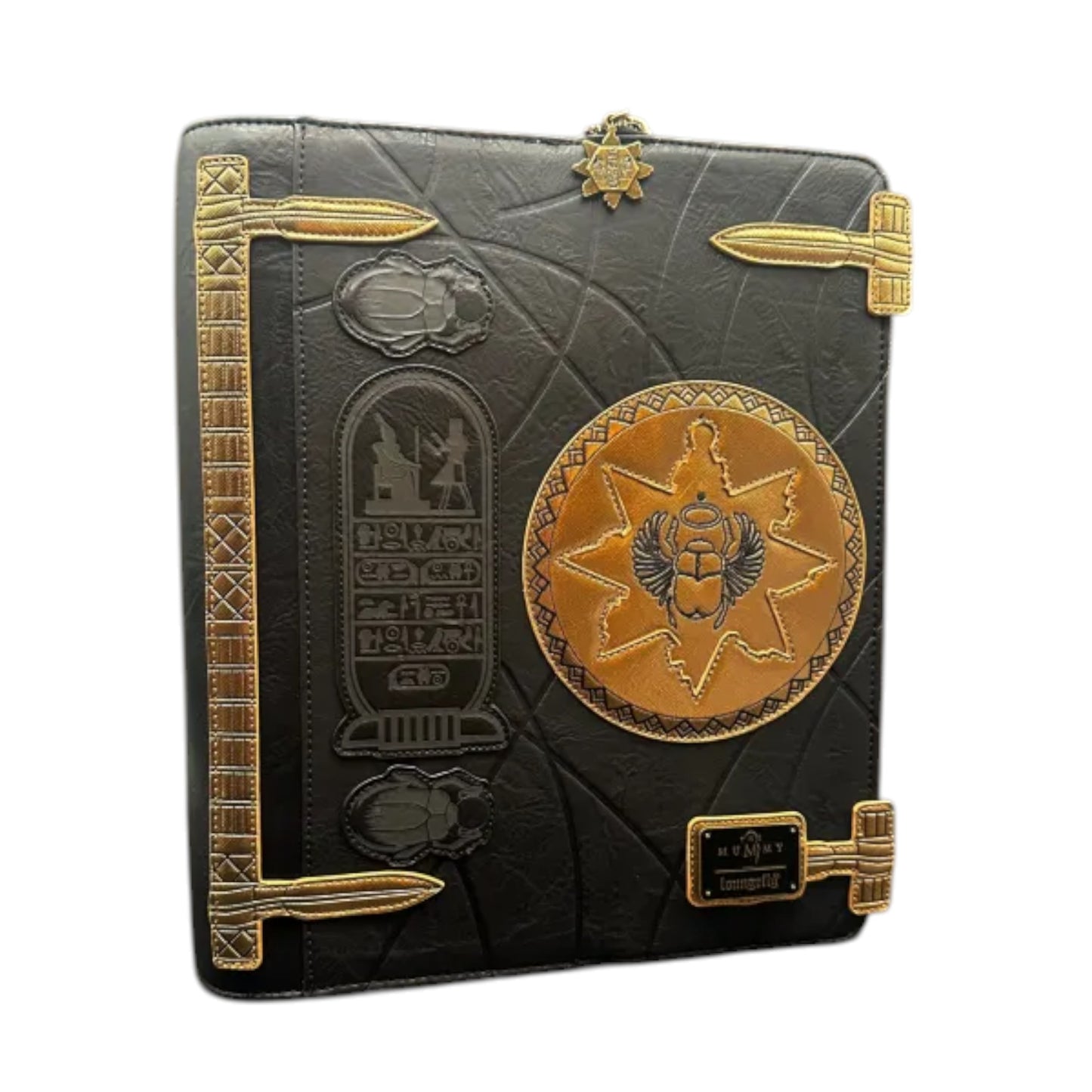 Decorative black and gold book with Egyptian-themed embossing on a white background