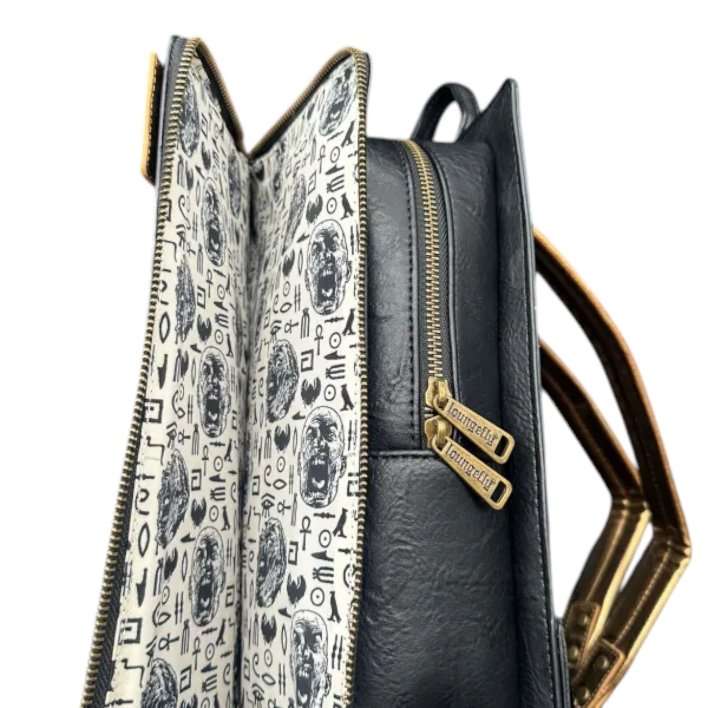 Black leather mini backpack with gold accents and a brand logo on a white background