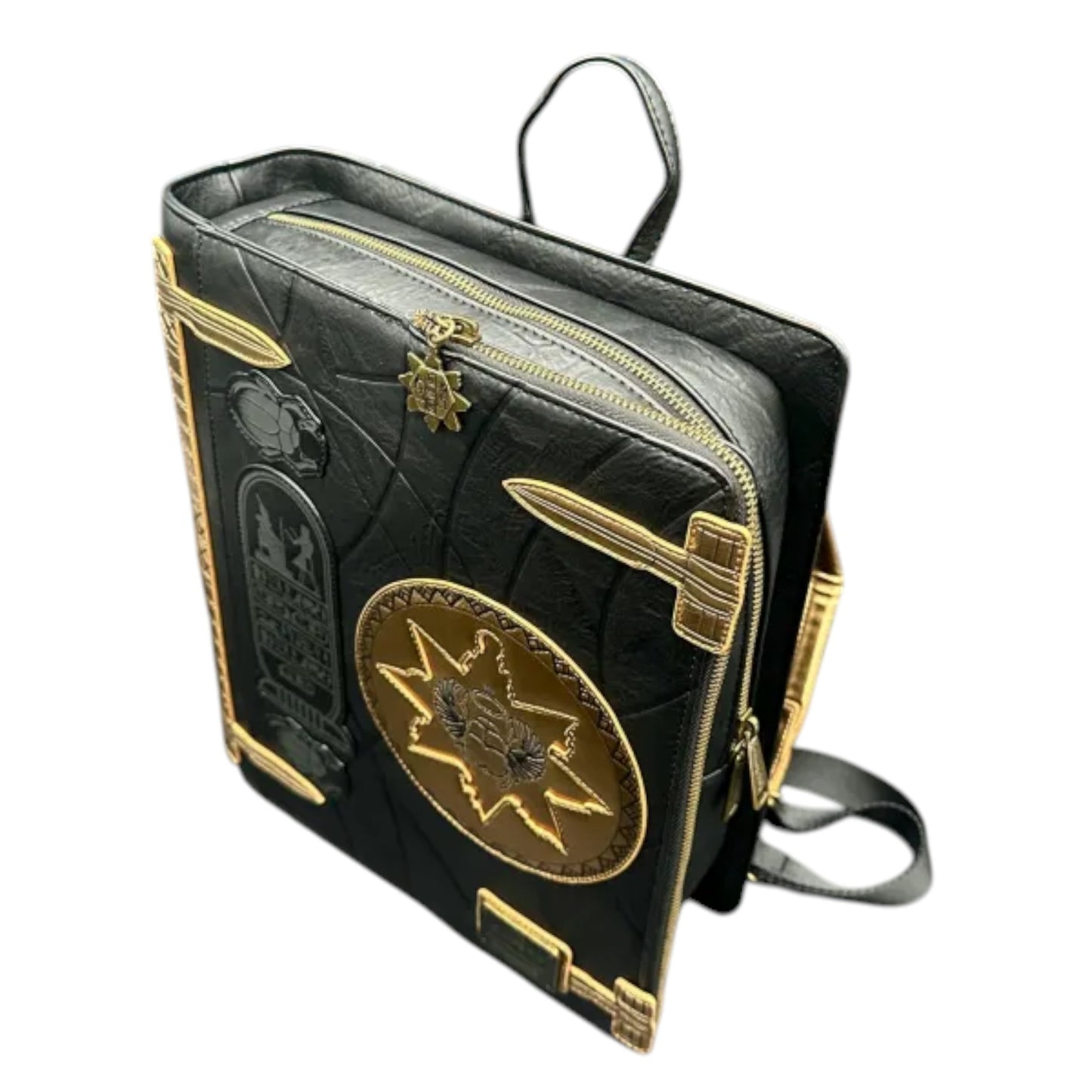 Black and gold backpack with embossed designs on a white background