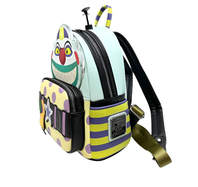 Colorful backpack with The Nightmare Before Christmas clown design on a white background