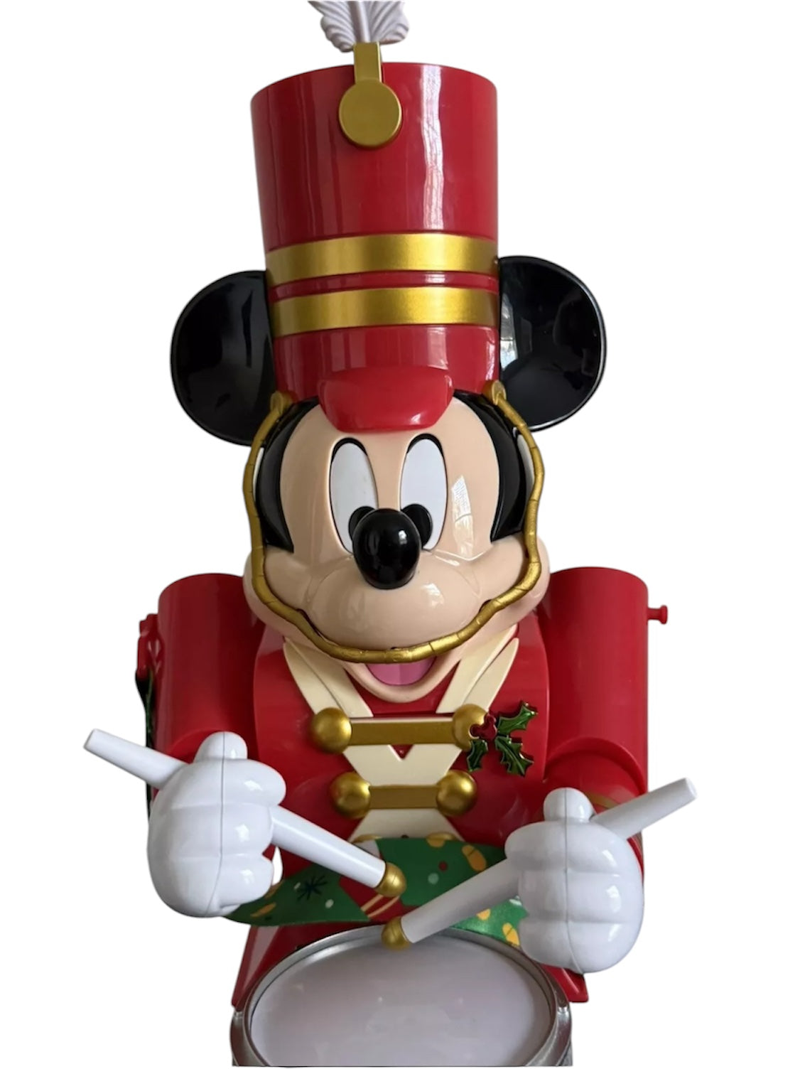 Mickey Mouse toy soldier sipper with red uniform and drum on a white background