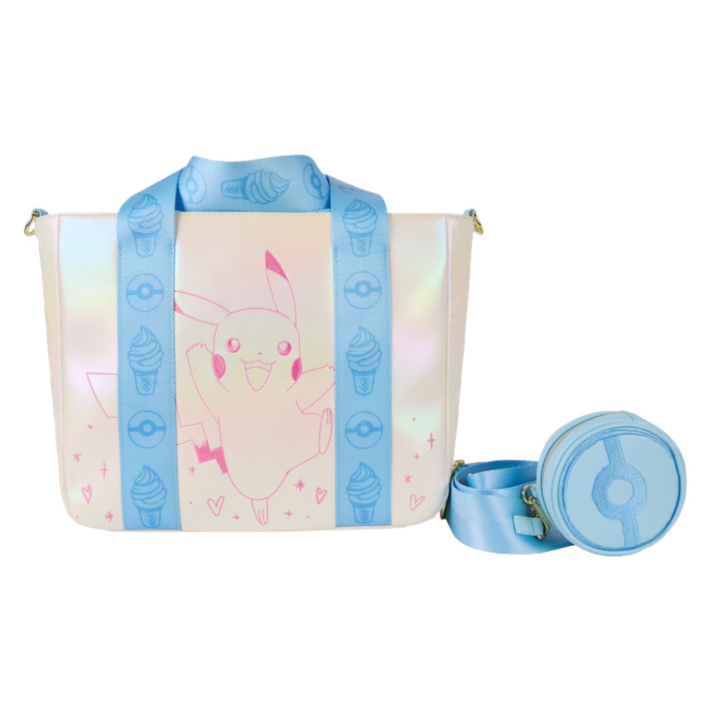 Pikachu bag with ice cream cone and Poké Ball designs on a white background