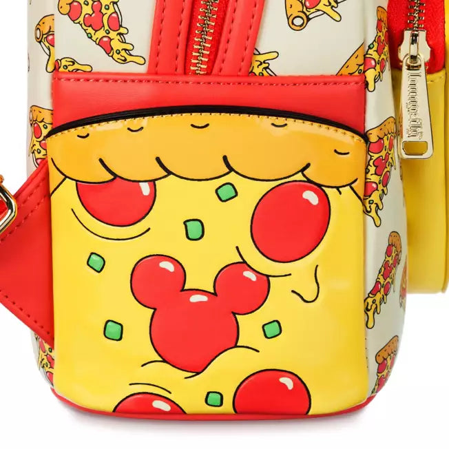 Colorful bag with Mickey Mouse shaped pepperoni on pizza design on a white background