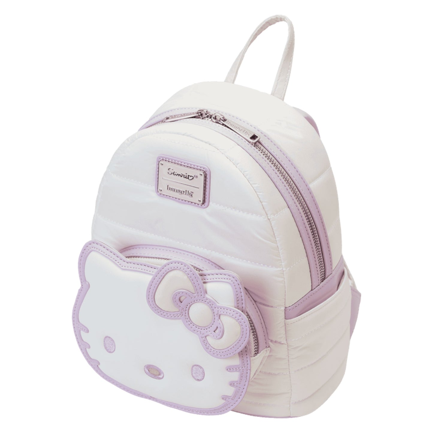 White backpack with purple accents featuring Hello Kitty on a white background