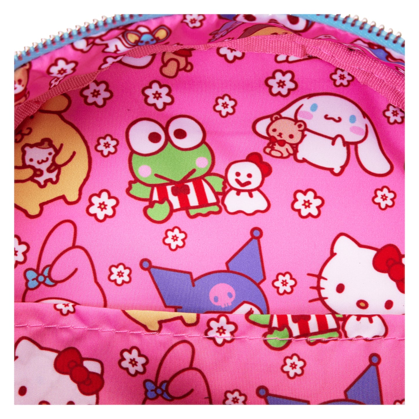 Pink bag with hello kitty characters pattern on a white background