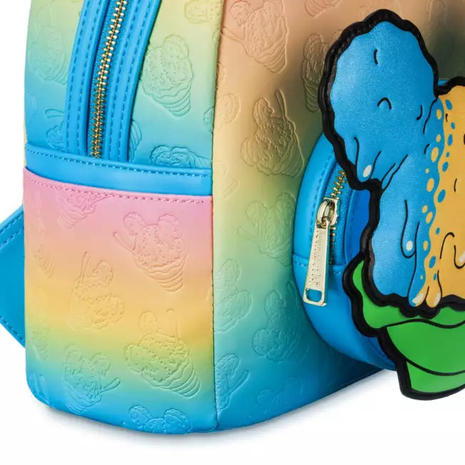 Colorful mini backpack with Mickey Mouse shaped shaved ice design on a white background