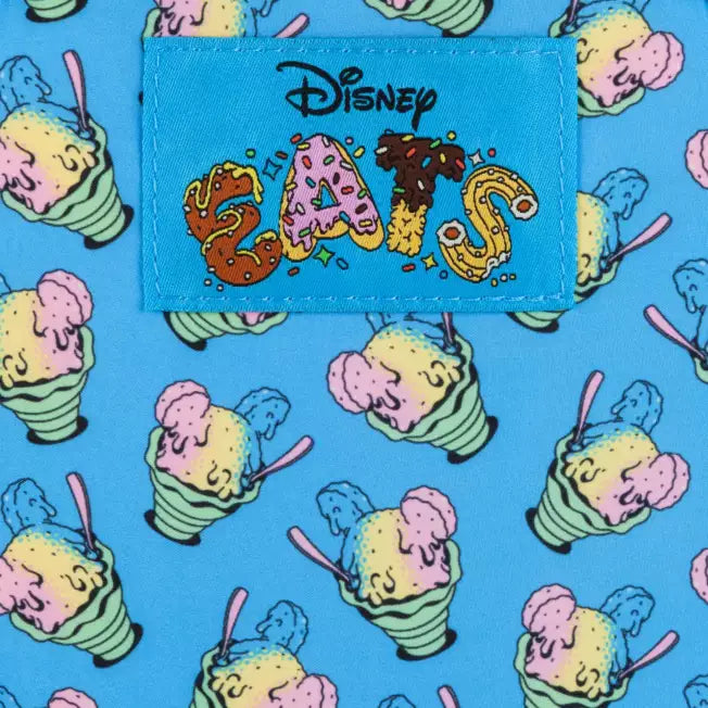 Blue inner lining with Disney logo and 'Eats' text on a background of shaved ice illustrations.