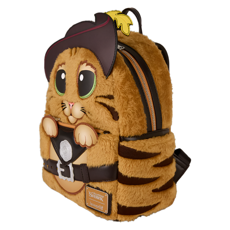Plush backpack with a cat design wearing a pirate hat and eyepatch on a white background