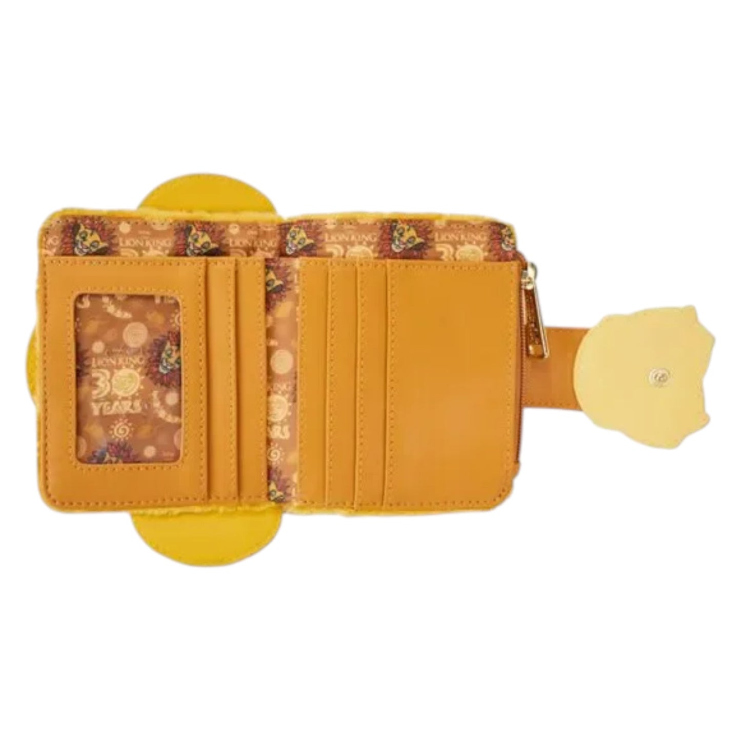 Yellow plush Simba wallet with floral pattern on a white background