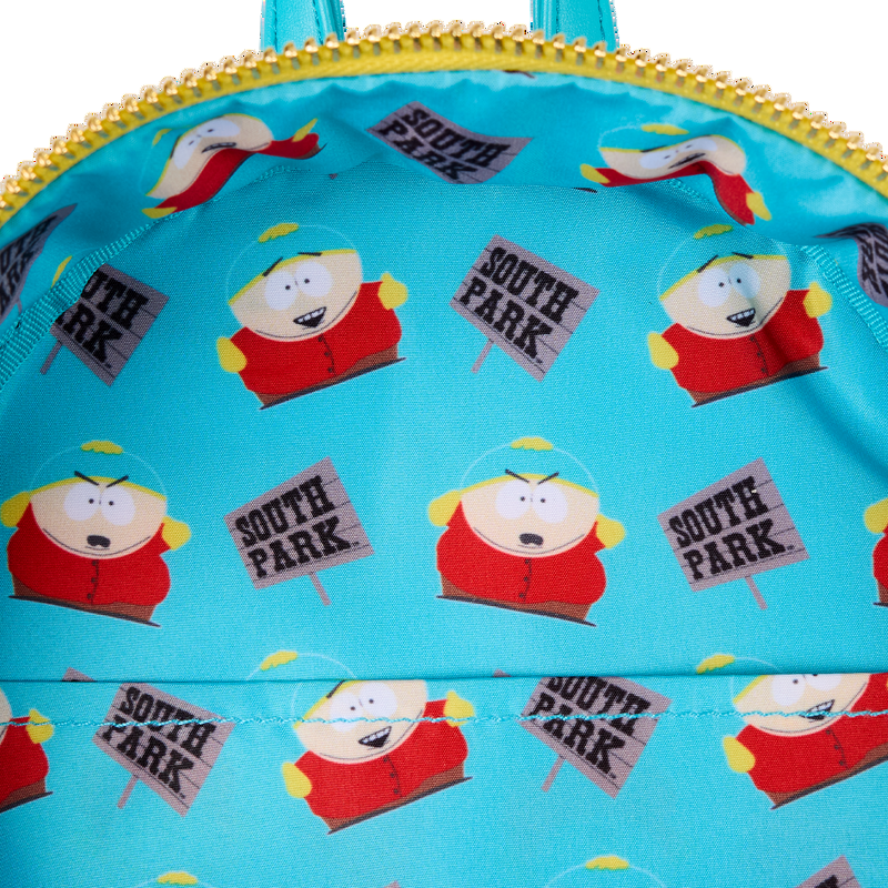 Inside view South Park Cartman Mini Backpack with Cartman character and South Park text pattern on a white background