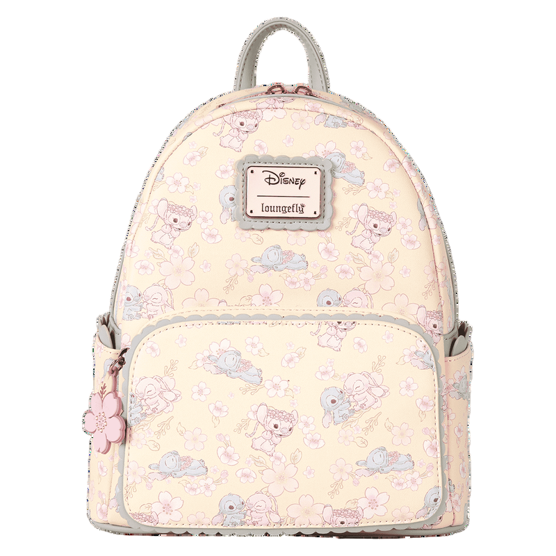 Front view of Stitch & Angel Cherry Blossom Backpack with Stitch & Angel pattern on a white background