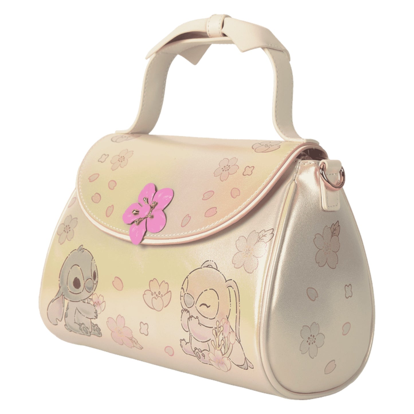 Side Stitch & Angel Cherry Blossom Bow Handle Crossbody Bag and floral designs on a white background