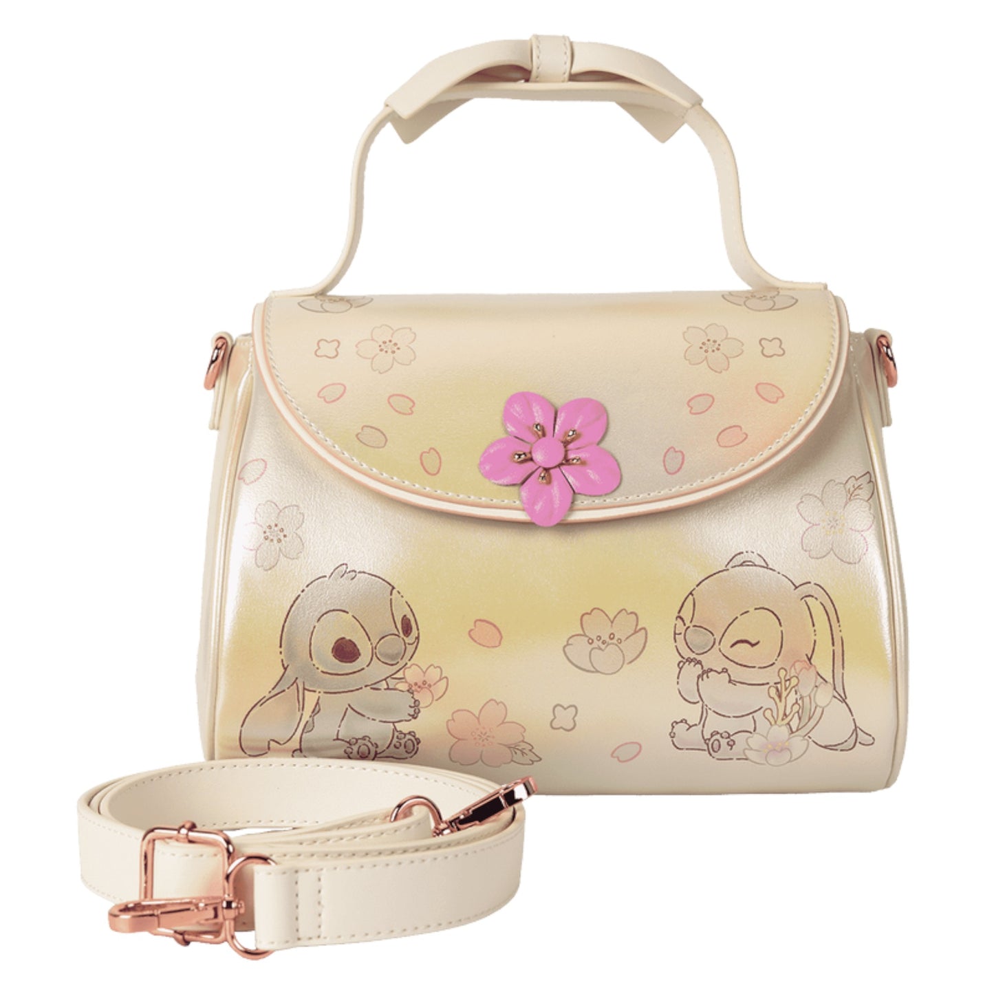 Front Stitch & Angel Cherry Blossom Bow Handle Crossbody Bag with strap and floral design on a white background