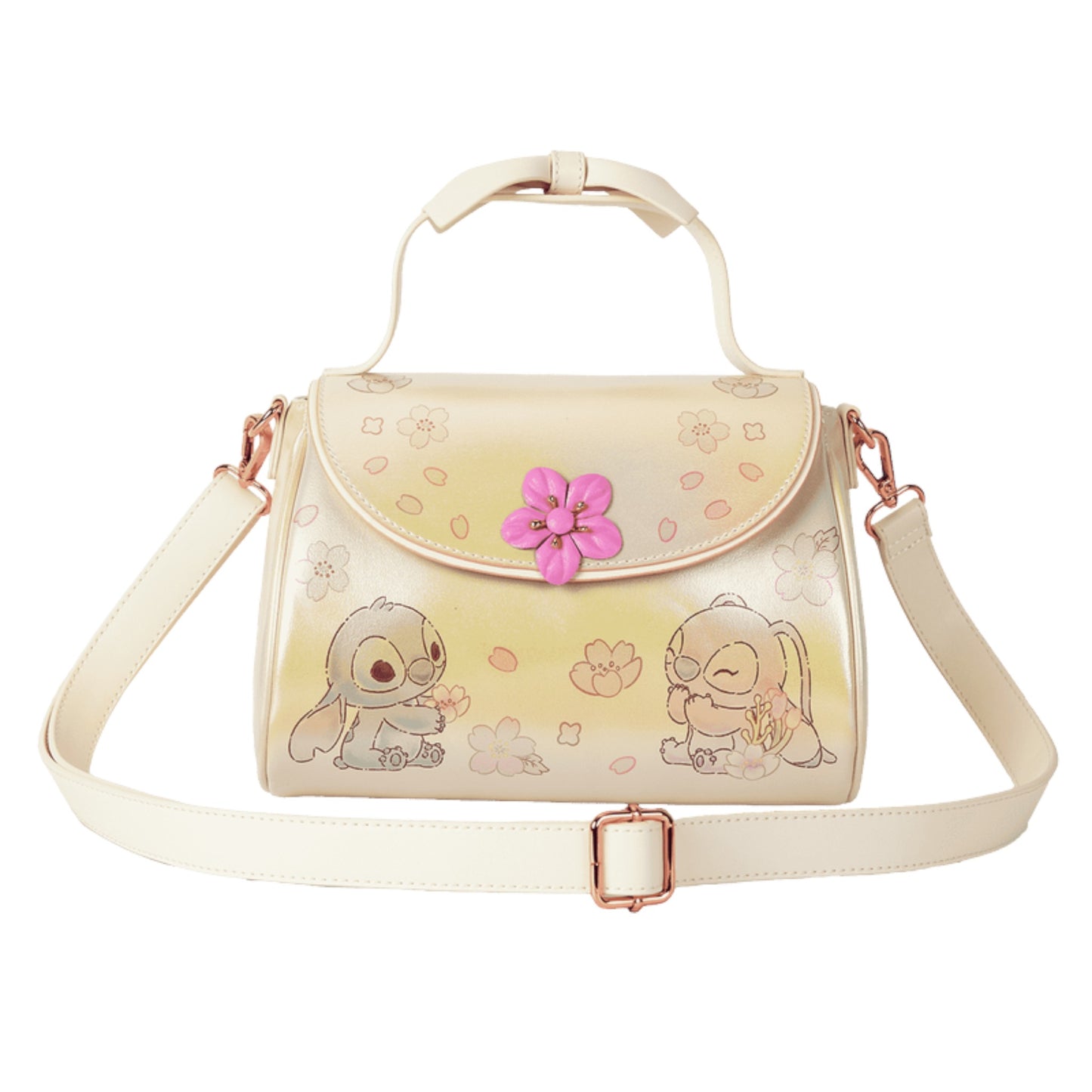 Front Stitch & Angel Cherry Blossom Bow Handle Crossbody Bag with strap and floral design on a white background